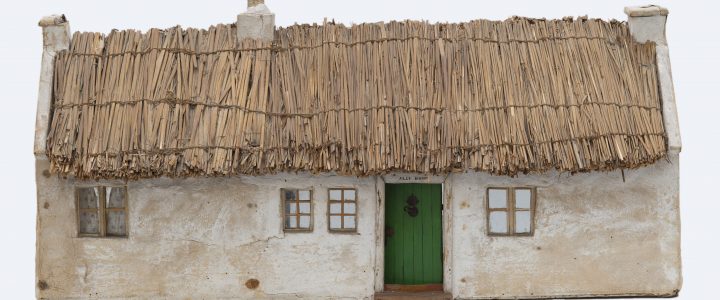 Exterior view of croft doll's house. White outside with straw roof, green door and small windows