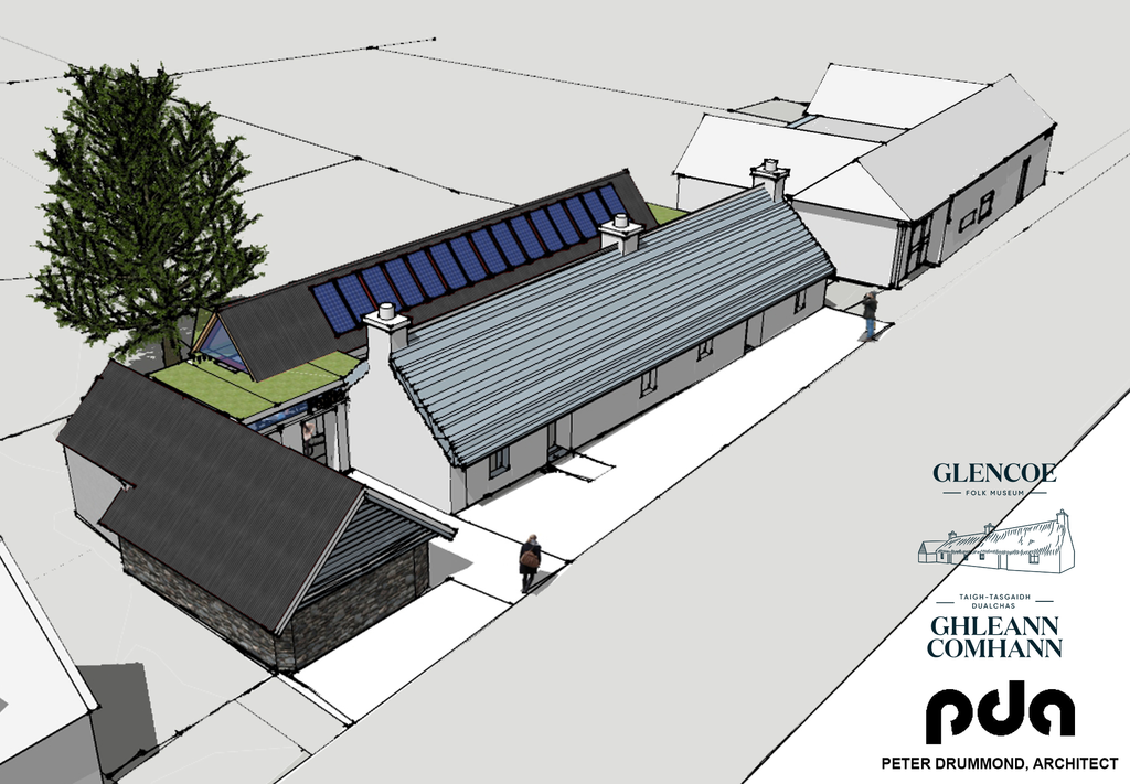 Architectural visualisation of the proposed Glencoe Folk Museum, showing the refurbished museum buildings, new roof structures, solar panels and landscaped entrance area.