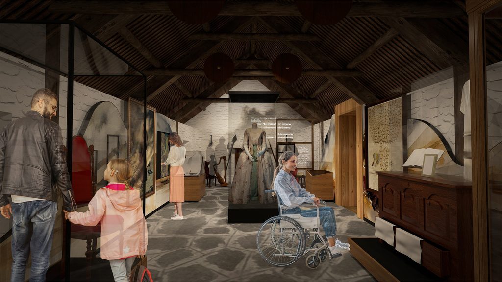 Interior visualisation of a museum exhibition showing historic objects and artworks displayed in cases and on walls, with visitors exploring the gallery, including a wheelchair user and a family with a child.