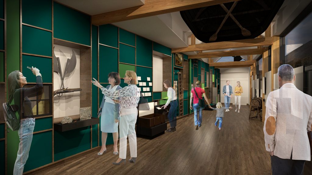 Interior visualisation of a modern museum gallery with green display walls, historic objects and interpretation panels, with visitors exploring the exhibition.