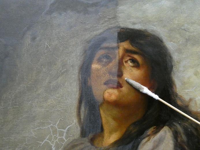 Close-up of a painting conservation treatment, showing a conservator's brush touching the face of a Highland woman in the artwork.