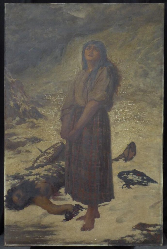 Older, faded version of a painting depicting a Highland woman in a blouse and tartan skirt standing barefoot in a snowy mountain landscape beside a dead stag and birds, showing extensive deterioration and cracking to the paint surface.