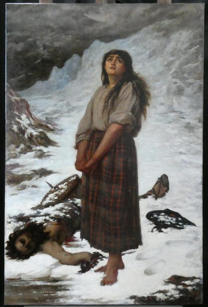 Painting of a barefoot Highland woman wearing a blouse and tartan skirt, standing in a snowy mountain landscape beside a dead stag and birds.