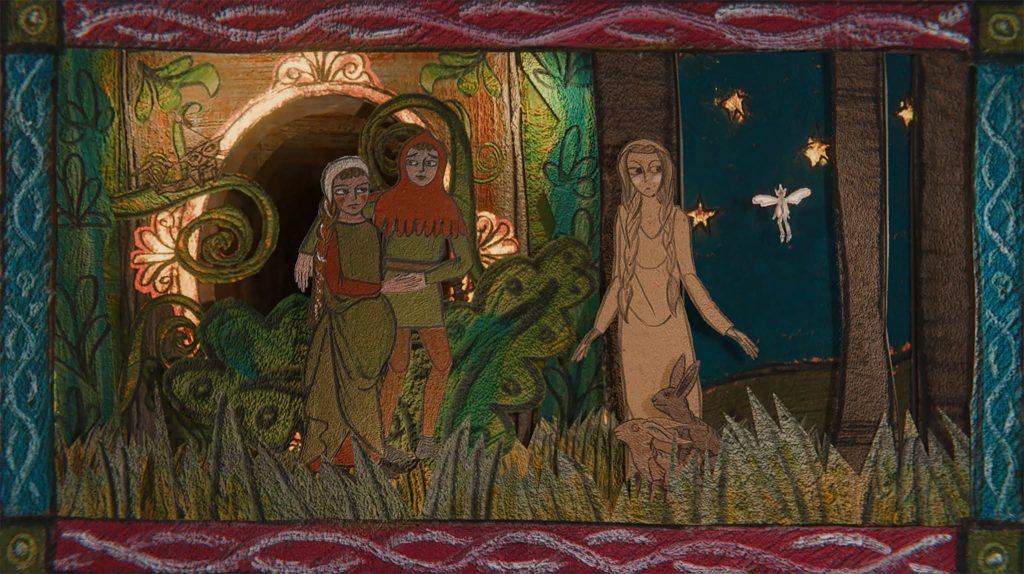 Animation still depicting a medieval Highland couple fleeing through a forest, with a mysterious woman and woodland animals nearby. The scene is framed by intricate Celtic-inspired patterns and illuminated manuscript-style artwork.