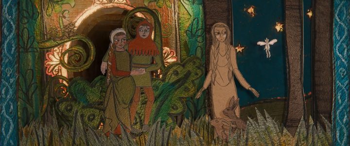 Animation still depicting a medieval Highland couple fleeing through a forest, with a mysterious woman and woodland animals nearby. The scene is framed by intricate Celtic-inspired patterns and illuminated manuscript-style artwork.